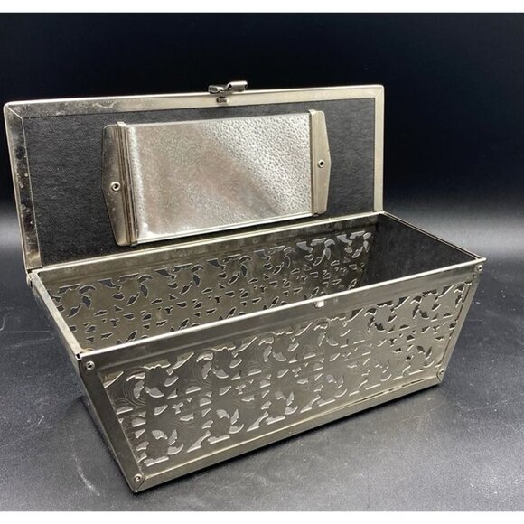 Rectangle Silver Tone Pierced Metal With Lucite Handle Mirror MCM Vintage - Picture 8 of 12